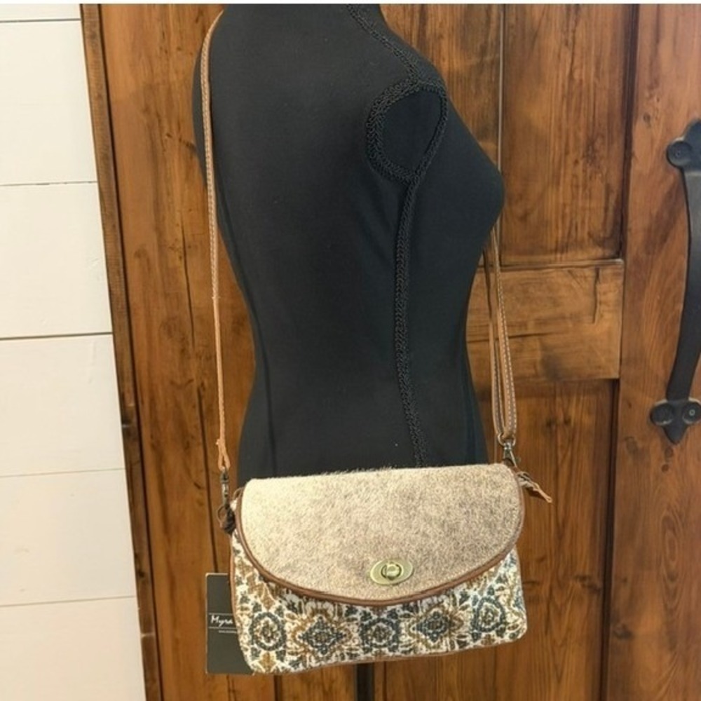 Myra Bag Women Brown White Hair-on-Hide Woven Tapestry Crossbody Bag Turn-Lock